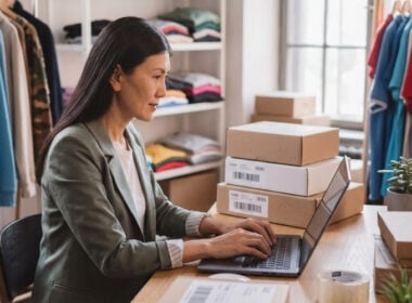 A woman sits at a desk typing on a laptop, surrounded by shipping boxes and clothes on shelves, suggesting she is managing an online retail or small business from her workspace.