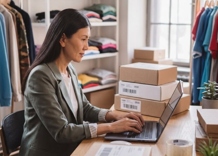 A woman sits at a desk typing on a laptop, surrounded by shipping boxes and clothes on shelves, suggesting she is managing an online retail or small business from her workspace.