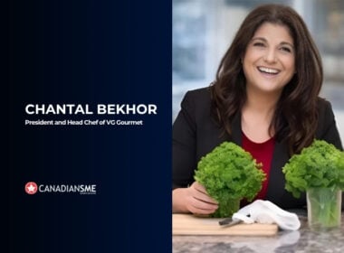 A woman with long dark hair, wearing a black blazer, smiles while holding two bunches of green lettuce. Text on the left reads: CHANTAL BEKHOR, President and Head Chef of VG Gourmet. CANADIANSME on a dark blue background.
