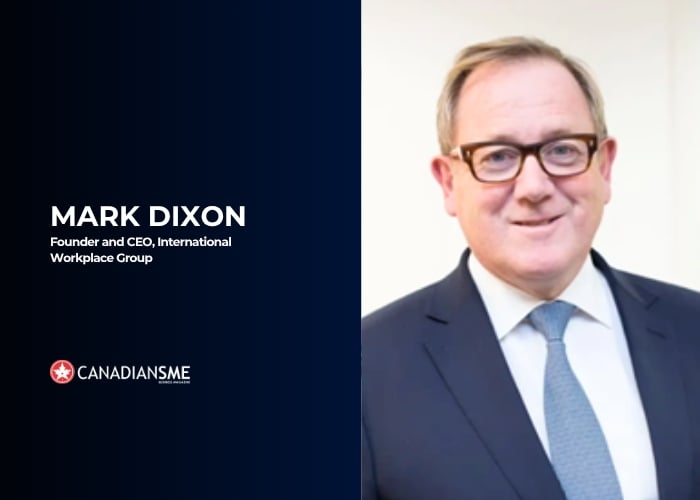 A man in a suit and glasses stands in front of a light background. Text on the left reads Mark Dixon, Founder and CEO, International Workplace Group with the CANADIANSME logo below.
