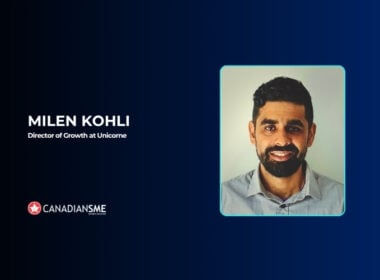 Professional profile graphic with a photo of Milen Kohli, labeled as Director of Growth at Unicorne, and the CanadiansME logo on a dark blue background.