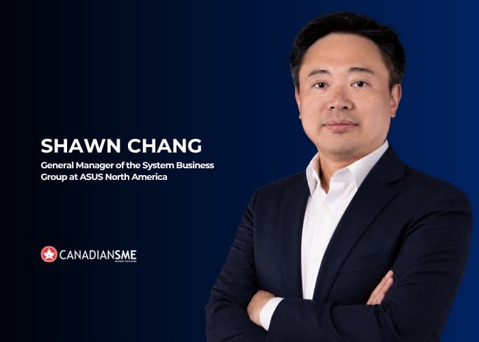 A man in a suit stands with arms crossed against a blue background. Text reads: Shawn Chang, General Manager of the System Business Group at ASUS North America. The Canadians SME logo appears at the bottom left.
