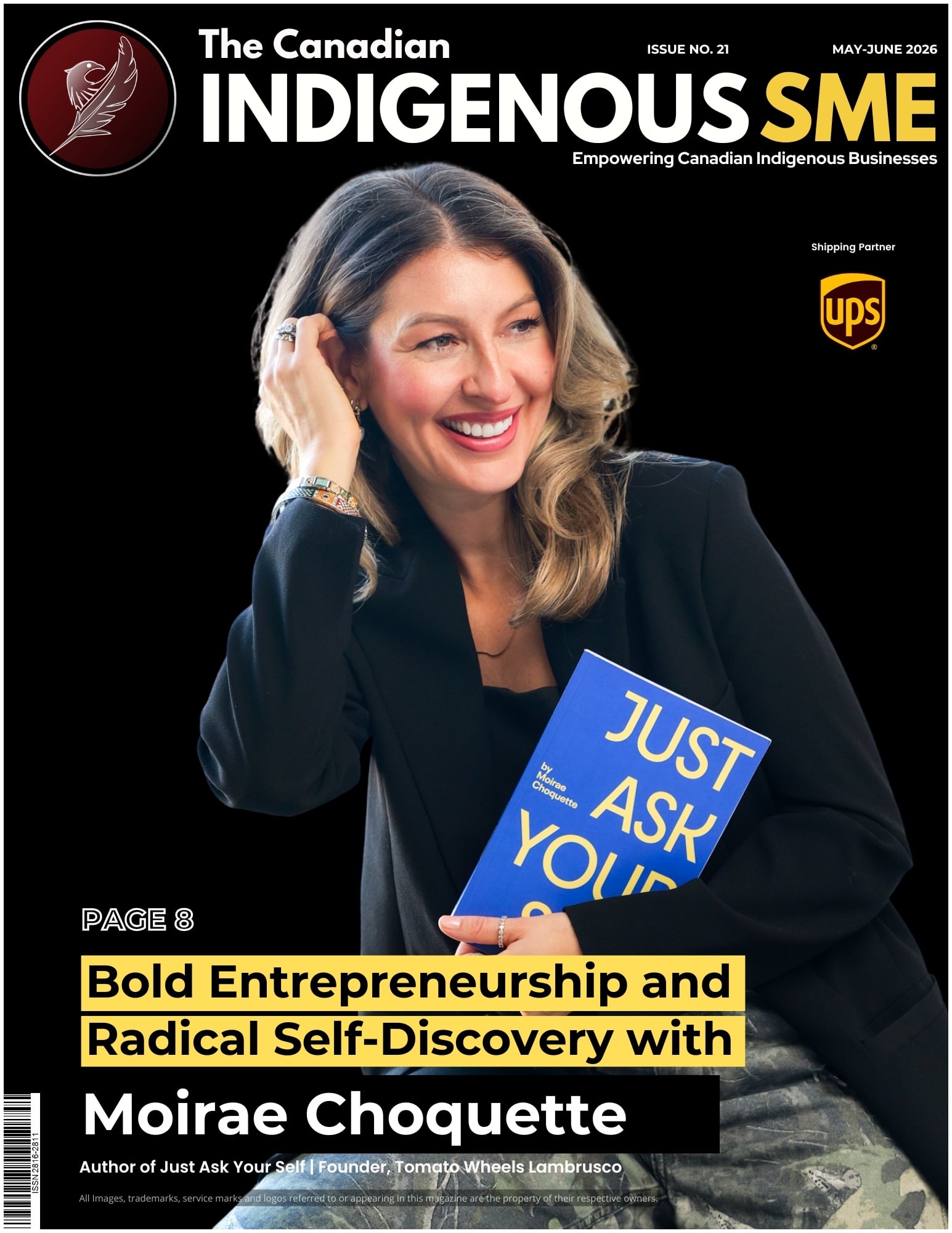A smiling woman with wavy blonde hair in a black blazer holds a blue book titled Just Ask Yourself. The magazine cover text highlights bold entrepreneurship and radical self-discovery with Moirae Choquette.