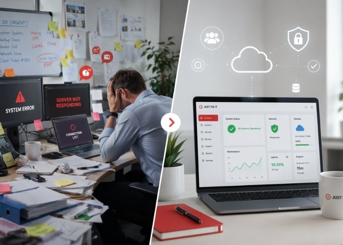 Split image showing a stressed man at a cluttered desk with system errors on his monitor, contrasted with a tidy workspace and a laptop displaying secure, efficient cloud computing status.