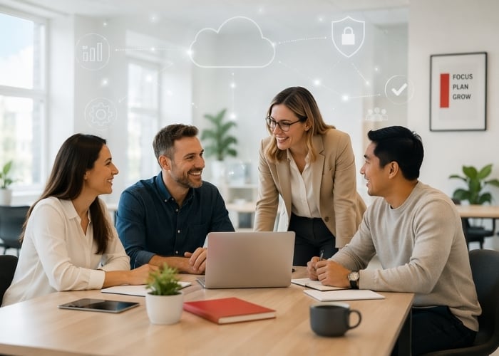 Four colleagues sit around a table with a laptop, smiling and discussing work in a bright office. Digital cloud and security icons are overlaid above them, representing technology and collaboration.
