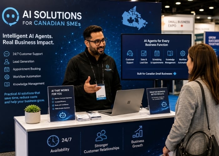 A man stands at a booth labeled AI Solutions for Canadian SMEs, talking to a woman. The booth displays information on AI business tools, with blue screens showing icons and text about business growth and automation.