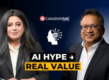 Two people in business attire with CanadiansME logo above their heads. Between them is an AI graphic. Text reads AI HYPE ➔ REAL VALUE on a black and yellow banner.