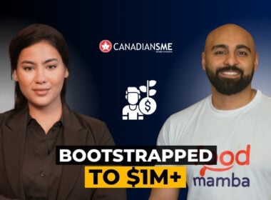 Two people stand side by side, one in business attire and one in a casual t-shirt. Text reads CanadianSME and Bootstrapped to $1M+, with an icon of a person holding a money sign.