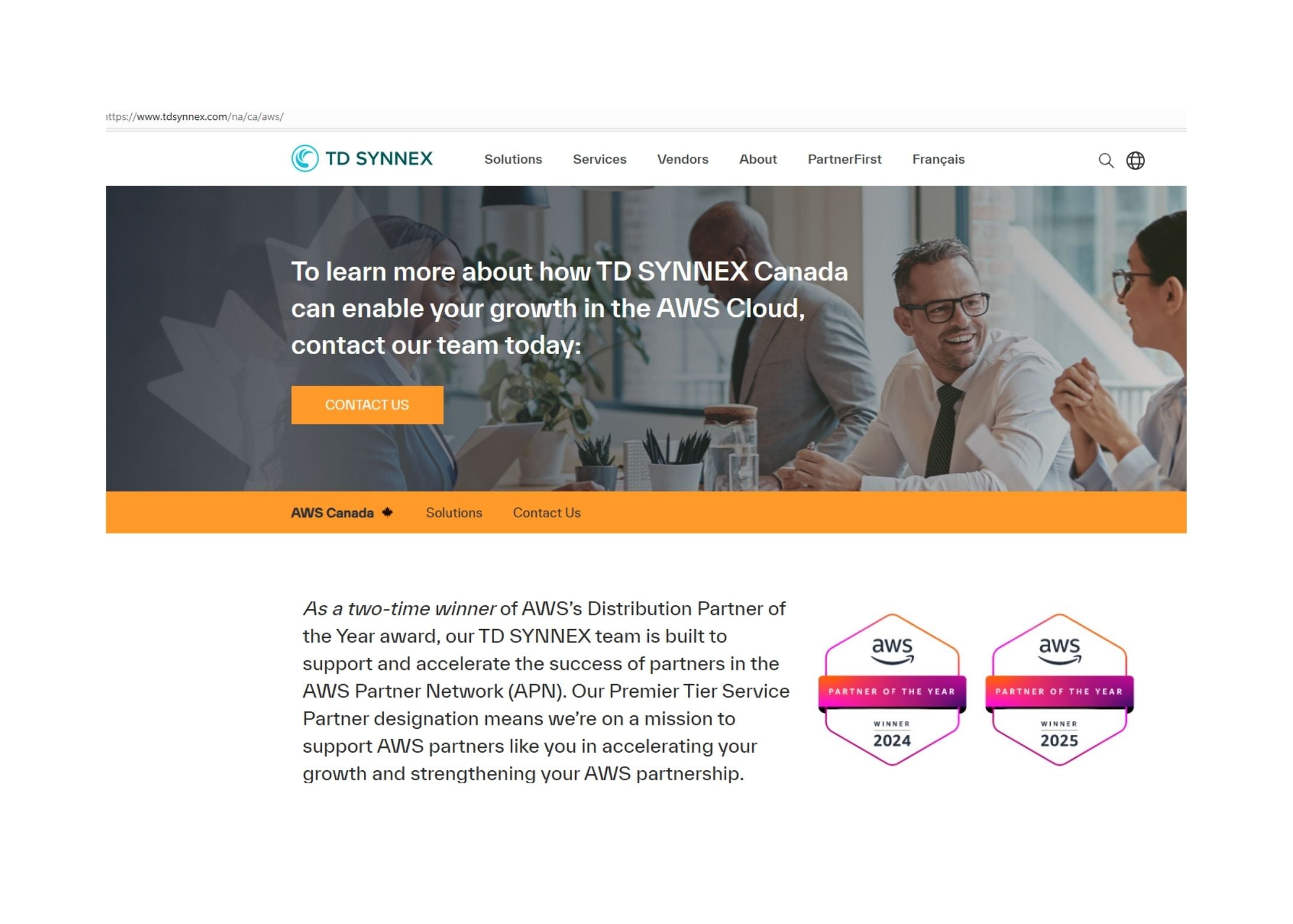 Screenshot of TD SYNNEX Canadas website showing AWS partnership info, a contact button, and two AWS Partner of the Year award badges for 2024 and 2023 at the bottom right.