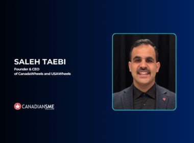 A professional headshot of Saleh Taebi, Founder & CEO of CanadaWheels and USAWheels, is displayed on a blue gradient background with the Canadians SME logo in the corner. Text with his name and titles appears on the left.