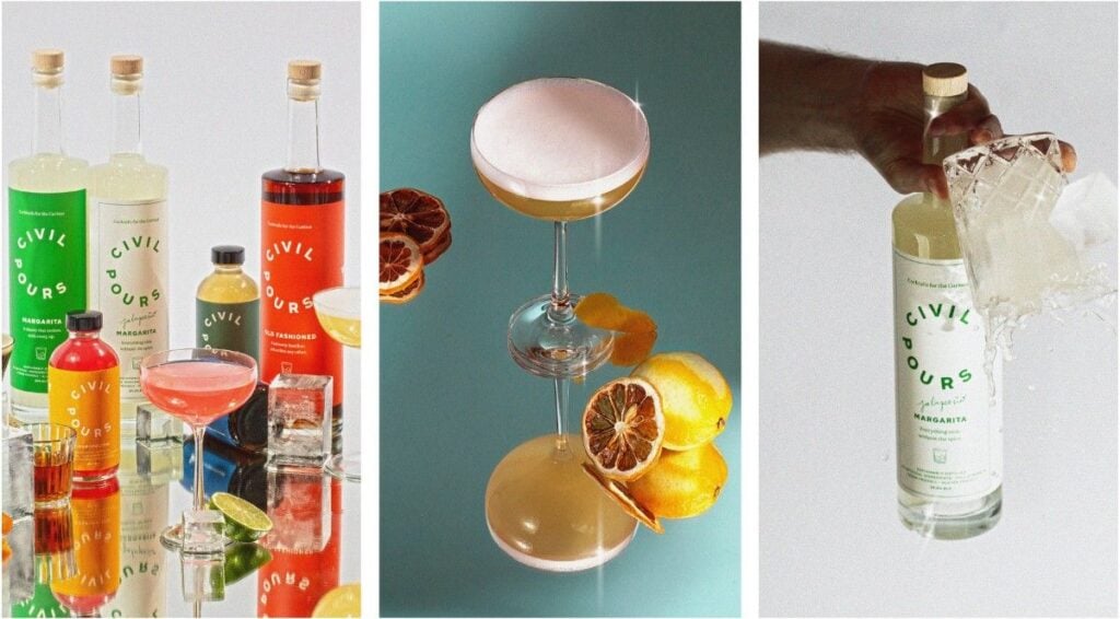Three images: colorful bottles of Civil Pour cocktail mixers with glasses and fruit, a yellow cocktail in a coupe glass with citrus garnish, and a hand smashing a glass next to a Civil Pour Margarita mixer bottle.