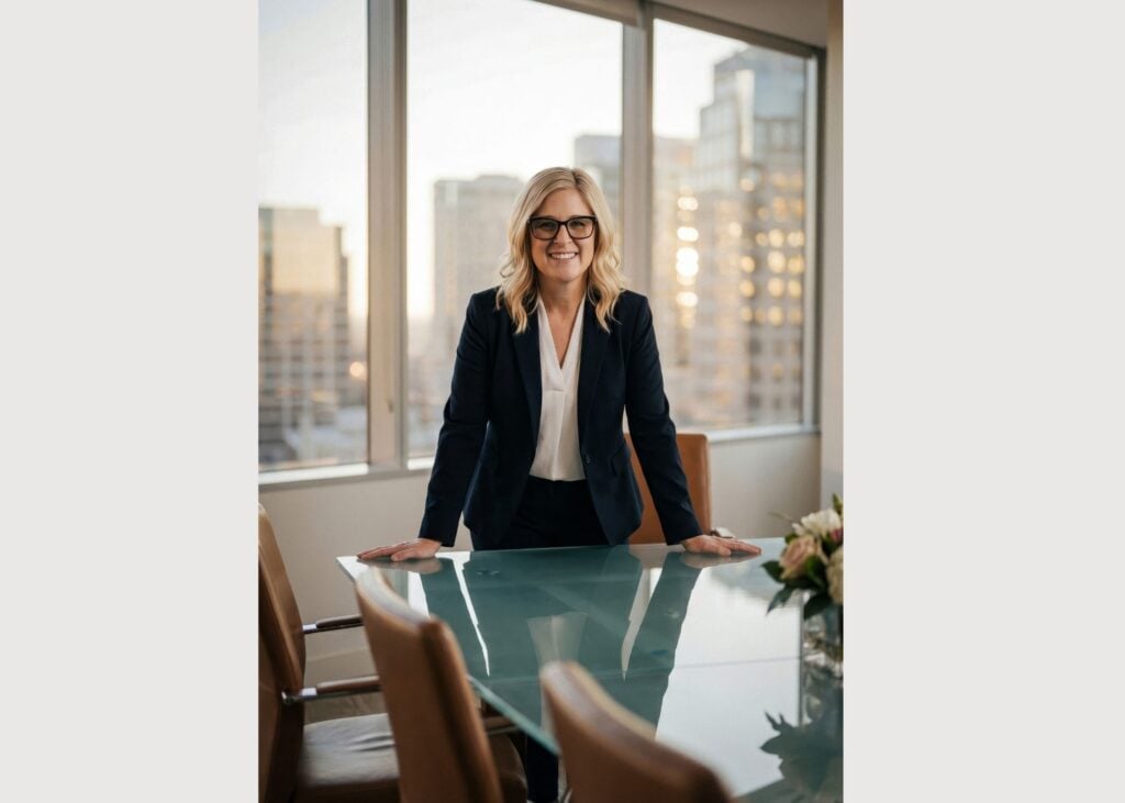 A person in a dark suit and glasses stands smiling behind a glass conference table in a modern office with large windows overlooking city buildings.