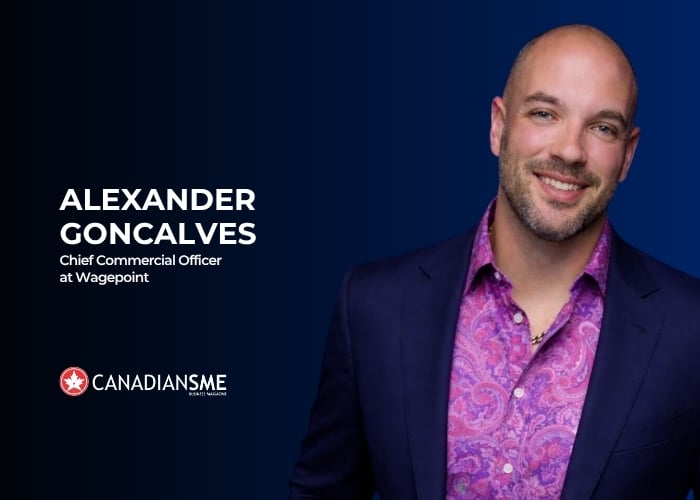 A man in a purple patterned shirt and navy blazer smiles at the camera. Text reads: Alexander Goncalves, Chief Commercial Officer at Wagepoint. Canadians SME logo is visible.
