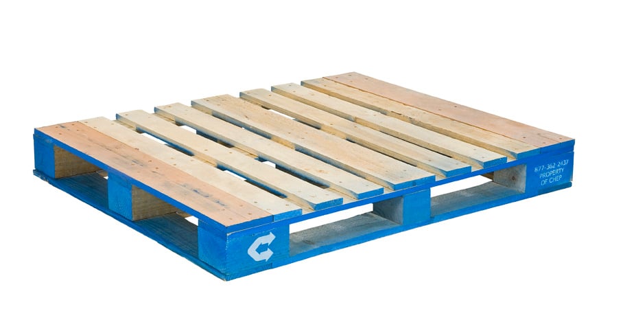 A wooden shipping pallet with a blue painted base, featuring evenly spaced slats on top and an open design underneath for forklift access.