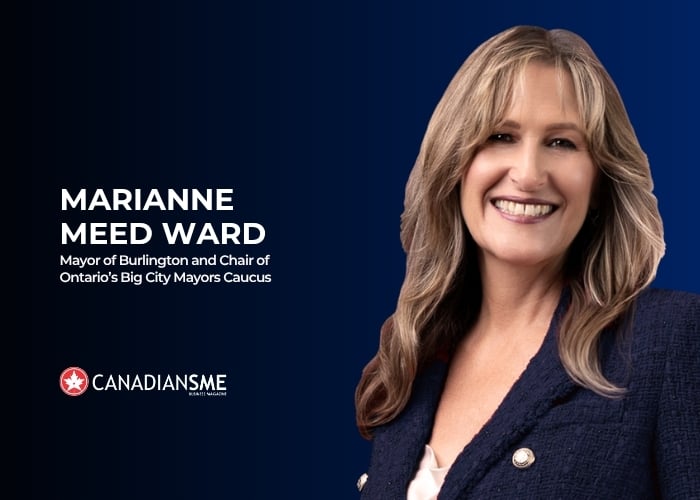 Smiling woman in a dark blazer stands against a blue background. Text reads: Marianne Meed Ward, Mayor of Burlington and Chair of Ontarios Big City Mayors Caucus. Canadians SME logo is at the bottom left.