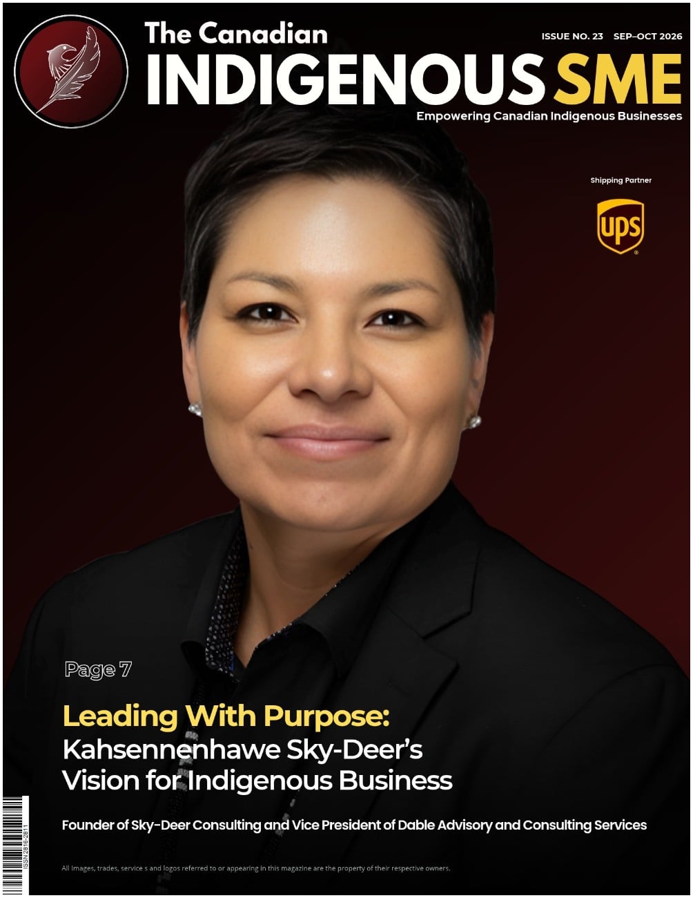 A woman wearing a black suit smiles at the camera on the cover of The Canadian Indigenous SME Magazine. Text highlights Kahsennenhawe Sky-Deers business leadership and role in Indigenous consulting.