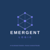 A blue geometric hexagon with connecting lines above the text EMERGENT LOGIC. Below, it says, AI-Accelerated Solutions. Human-Centered Results. on a dark blue background.